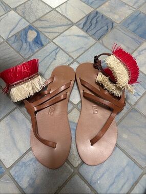 Alvaro Gonzalez Brown Leather Fringe Ankle-Strap Sandals with Red & Cream Trim